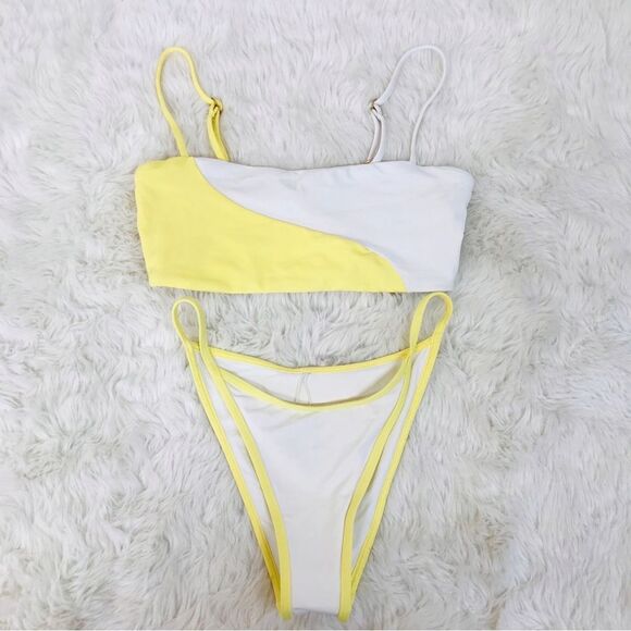 L*SPACE Ari Bikini Top Tommy String Bikini Bottom White Yellow XS Small New - Picture 1 of 10